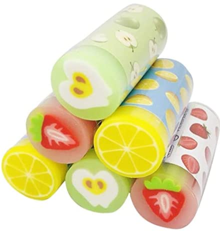 LIUSM 6pack Cute Fruit Erasers , Pencil Erasers Cylindrical Shaped Kawaii Erasers for Kids Students