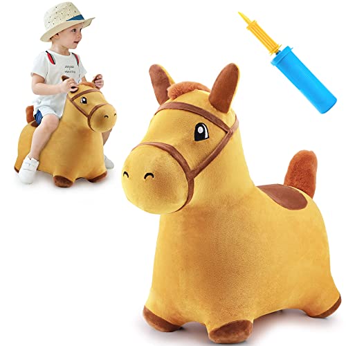 iPlay, iLearn Bouncy Pals Yellow Hopping Horse, Outdoor Ride on Bouncy Animal Play Toys, Inflatable Hopper Plush Covered W/Pump