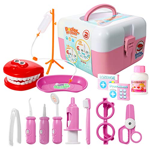 ThinkMax Dentist kit for Kids, 15 pcs Kids Pretend Dentist Playset Toys Dentist Medical Role Play Educational Toy Doctor Playset for Girls Boys and Toddlers(Pink)