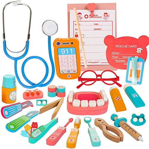 Wooden Doctor Kit for Kids, 39 Pieces Pretend Play Dentist Medical Kit with Stethoscope, Montessori Doctor Set Toy for Toddler Boys Girls Ages 3 4 5 6 7 8