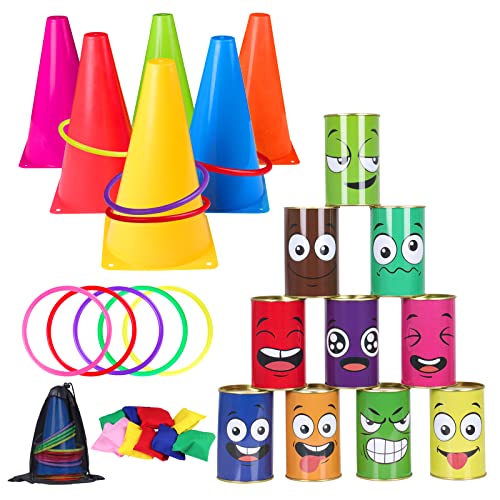 Hxezoc 36 Pack Carnival Games Set, 4 in 1 Soft Plastic Cones Cornhole Bean Bags Ring Can Toss Carnival Games Combo for Kids