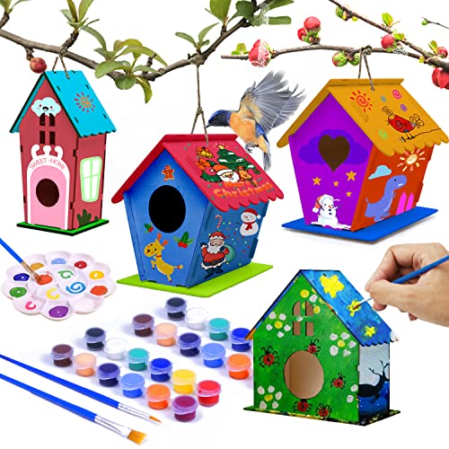 hapray 4 Pack Bird House Crafts for Kids Ages 5-8 8-12, Buildable DIY Birdhouse Kit for Children to Build, 3+ Summer Arts and Craft Projects with Paint, Children's Day Gift Boy Girl